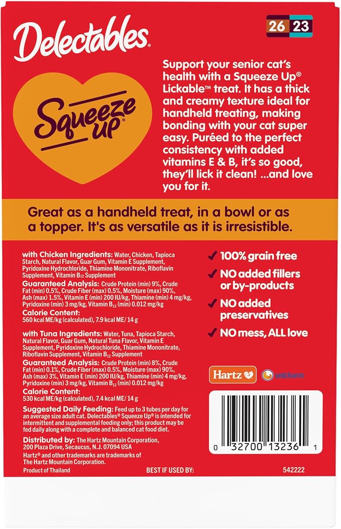 Delectables Squeeze Up Senior 10+ Variety Pack, Creamy Squeezable Puree, Lickable Wet Cat Treats, Grain-Free, No Added Fillers, 0.5 Ounces Tube, 20 Tubes Total