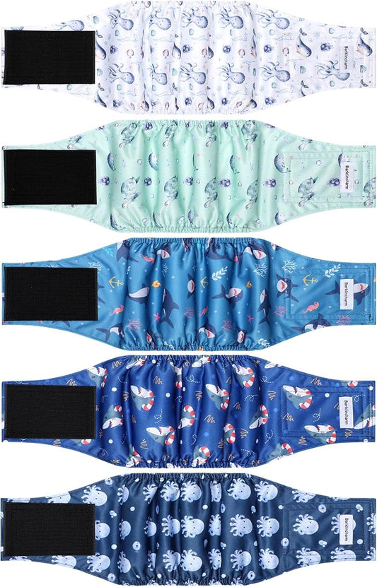 5 Pack Dog Diapers Male, High Absorbing Dog Wraps, Belly Bands for Male Dogs with Incontinence or Frequent Urination, Washable Doggie Diapers Fish S