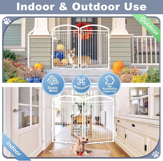 Full Metal Free Standing Dog Gate with Door for Indoor Outdoor, 48'' Extra Wide 32'' Tall Dog Gate for Doorways,Large Openings,Decks,Pet Puppy Freestanding Safety Fence(2 Panels,White)