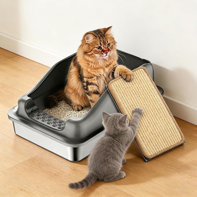 Stainless Steel Cat Litter Box with Natural Sisal Cat Scratching Mat Non-Sticky,Anti-Leakage,Easy Cleaning