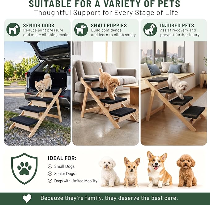 Dog Stairs/Ramp for Bed, Wooden 2-in-1 Foldable Pet Stairs & Ramp, Portable Dog Ladder Up to 180 Pound for Elderly/Short-Legged Dogs, 4 Steps for Beds, Couch