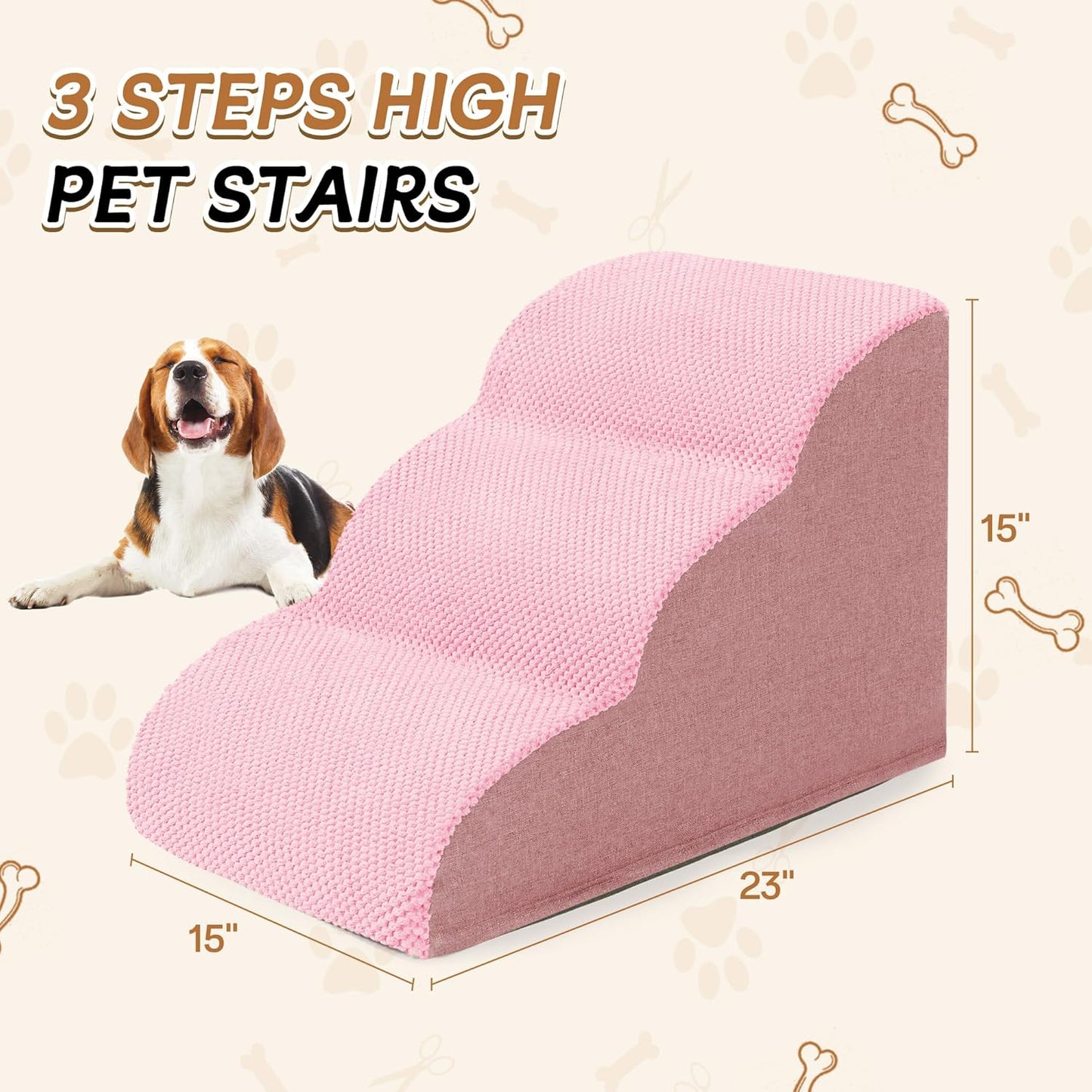Romrol Dog Stairs Ramp for High Beds Couches, High Density Foam Pet Steps with Durable Non-Slip Waterproof Fabric Cover, Dog Stairs for Small Dogs or Cats or Pets, 3-Step,15 Inch,Pink