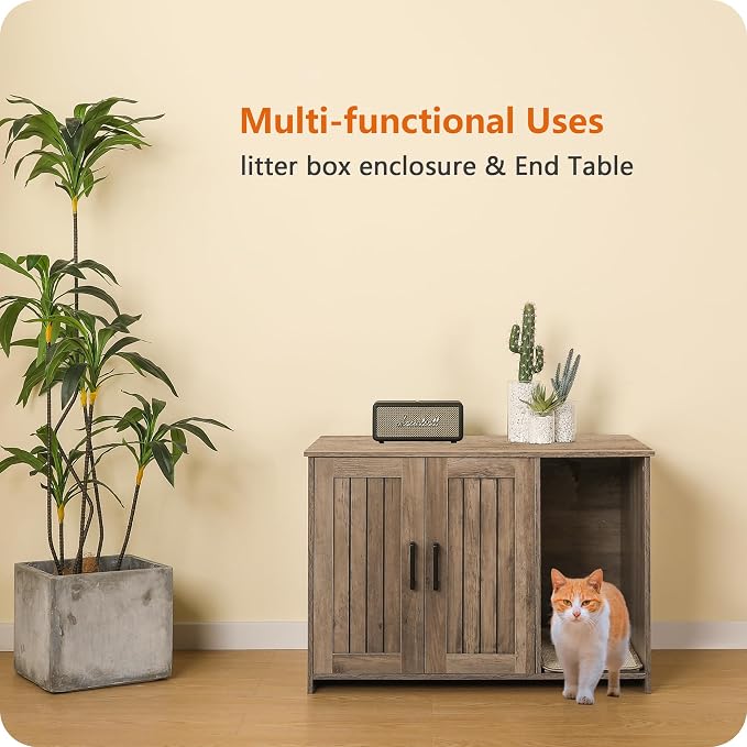 DWANTON Litter Box Enclosure, Cat Litter Box Furniture Hidden, with Scratching Mat, Wooden Cat Washroom Indoor, 31.5" L x 19.7" W x 21.7" H, Greige