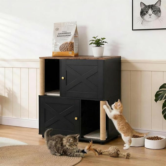 Cat Litter Box Enclosure, Two-Story Wooden Hidden Litter Box Furniture with Scratching Post, Multi-Level Cat Washroom Cabinet for 2 Cats, Reinforced Wood Frame & Ventilated Design for Small Apartment