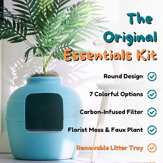 Good Pet Stuff Original Hidden Litter Box Planter, Decorative Cat Litter Enclosure, Carbon Filter, Faux Plant, Easy to Clean, Round Design, Removable Tray, Essentials Kit, Palm Plant, Coastal Blue