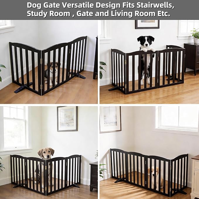 ZJSF Foldable Freestanding Indoor Dog Gate for House Wood Long Pet Gates Dog Fence for Stairs Puppy Gates for Hallways, Puppy Gate,Support Feet Included, Black, 32 "Height-3 Panels