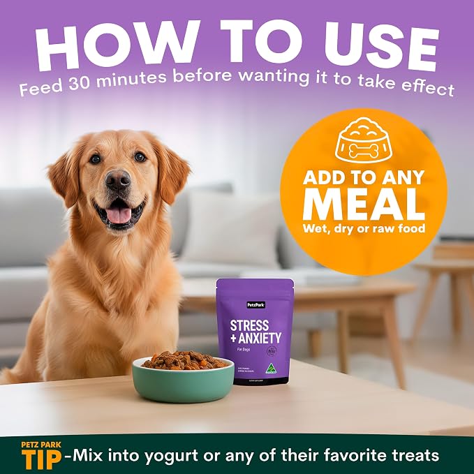Petz Park Stress + Anxiety Dog Calming Supplement 45 Scoops, Anxiety Supplement, Dog Calming Supplement for Stress Support, Calming Food Topper for Dry or Wet Food, Made in Australia, 3.2oz Powder