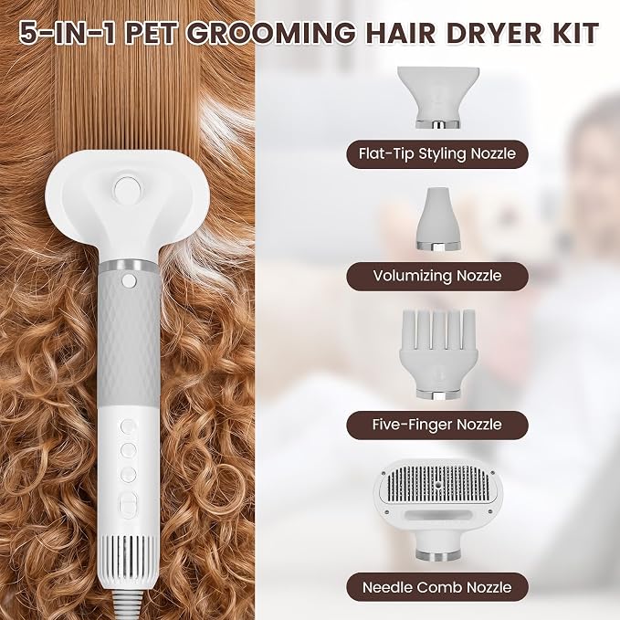 4-in-1 Handheld Pet Hair Dryer for Dogs and Cats, High Velocity Dog Blow Dryer with 3 Speed-Heat Modes, Lightweight Portable Grooming Blower for Fast Drying