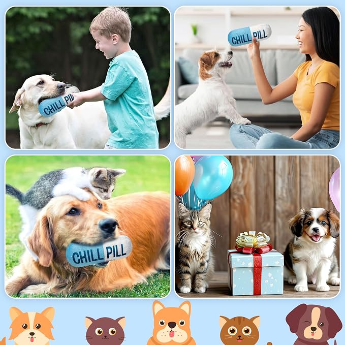 CUweipeng Squeaky Dog Chew Toy - Blue Chill Pill Capsule Teething Funny Small Dog Squeaky Soft Plush Pet Toy Bite Kick Indoor Interactive Training Play Present Pet Lover Gift Photo Prop Keep Them Busy