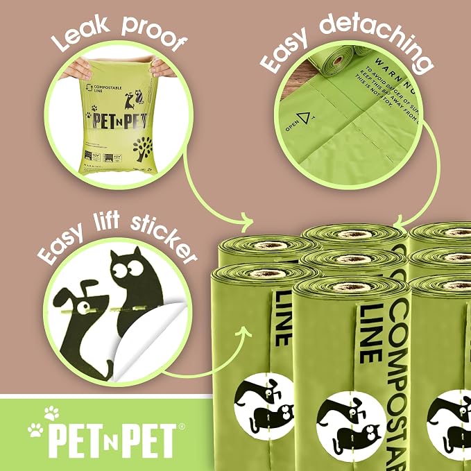 Pet N Pet Poop Bags For Dogs, 240 Counts Compostable Dog Poop Bags Rolls, Dog Bags For Poop + 100% Plant Based Dog Wipes for Paws and Butt, 100 Counts Dog Pet Wipes, 8" x 8" Hypoallergenic Wipes