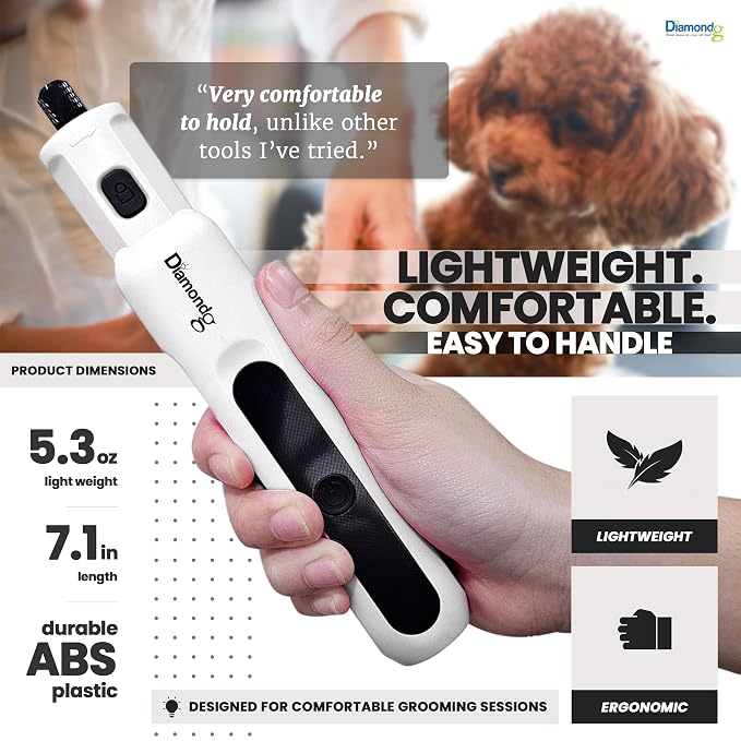 Diamondg Cordless Micro Dog Nail Grinder with Quiet Sound & LED Tip for Large & Small Dogs, 4hrs. Runtime - Electric Dog Nail Trimmer, Heavy Duty Rotary Tool Alternative to Toenail Clippers & Filers