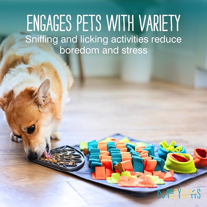 Messy Mutts Square 16" x 16" Forage and Lick Mat with Non-Slip Suction Cups | Stimulating Sniffing Interactive Puzzle for Dogs | Silicone Triangle Licking