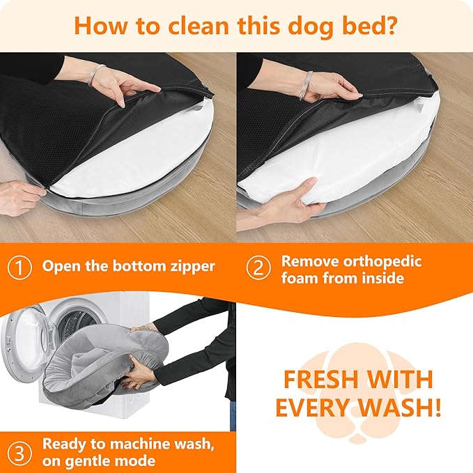 Dwanton Orthopedic Dog Bed for Large Dogs with Gel Memory Foam, Waterproof Dog Sofa, Washable Pet Bed with Four Sided Bolster Cushion, Removable Cover & Non-Slip Bottom, 42", Light Grey