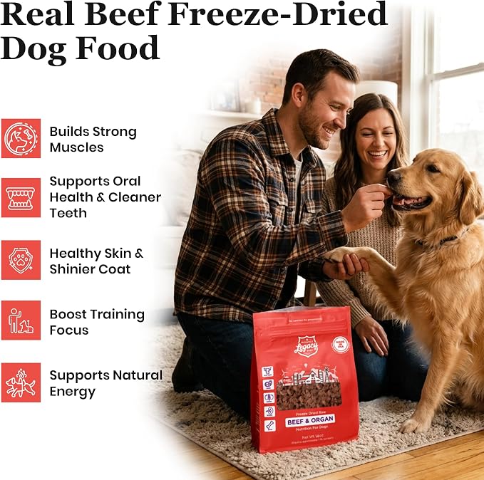 Freeze Dried Raw Beef & Organ Raw Dog Food, 80/10/10 Recipe with Beef, Organs & Ground Bone, High Protein Grain Free Freeze Dried Dog Food Topper for Dog's of All Life Stages, Made in USA, 14 Oz
