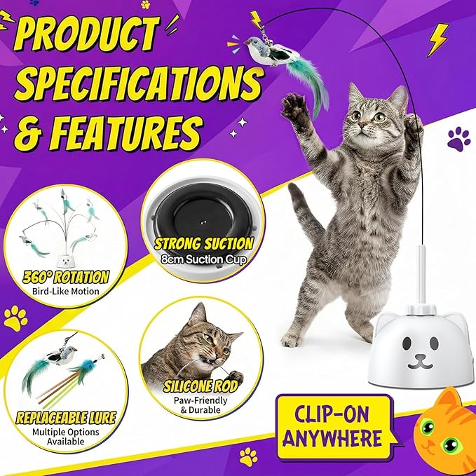 Interactive Cat Toys for Indoor Cats, Automatic Flying Bird Cat Toy with 360° Feather Wand, Strong 8cm Suction Cup, USB Rechargeable Self-Play Cat Toy for Bored Kittens & Adult Cats