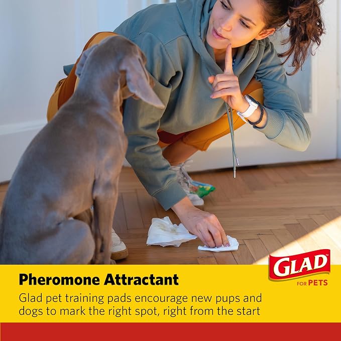 Glad for Pets Dual Action Freshness Activated Carbon Puppy Pads, Fragrance Release, Scented Odor Control, 6-Layer Leak-Proof, Pheromone Attractant, 23 x 23 Inch, 100 Count