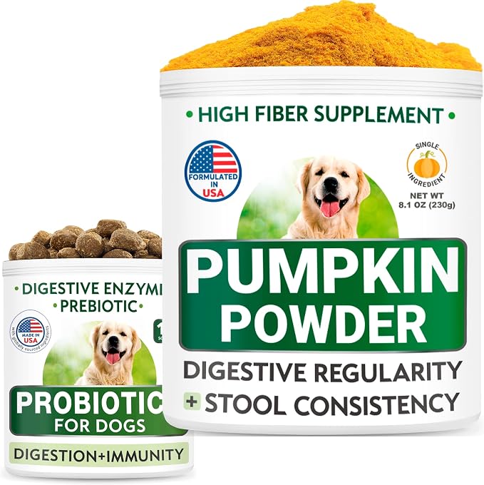 Pumpkin for Dogs + Dog Probiotics Chews Bundle - Constipation, Upset Stomach + Gas, Allergy - Pure Pumpkin Powder + Digestive Enzymes, Prebiotics - Improve Digestion - 8.1oz + 120 Chews - Made in USA