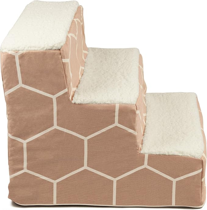 Majestic Pet 3 Step Portable Dog Stairs for Small Dogs to get on Bed Supports 25 lbs or Less – Dog Steps for High Bed with Machine Washable Cover – Pet Stairs for Cats Hexo Shapes Blush Pink
