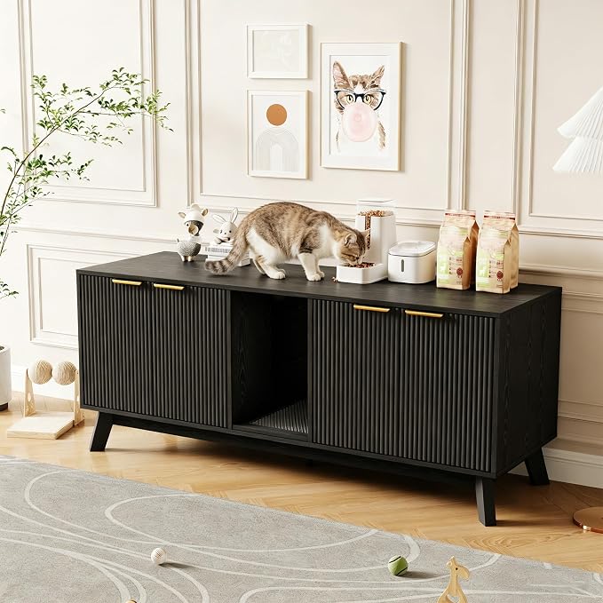 Garvee Cat Litter Box Enclosure for 2 Cats, 59" Hidden Litter Boxes Furniture with Cat Litter Mat, Large Indoor Pet House with Double Room, Wooden TV Stand Side Table, Black