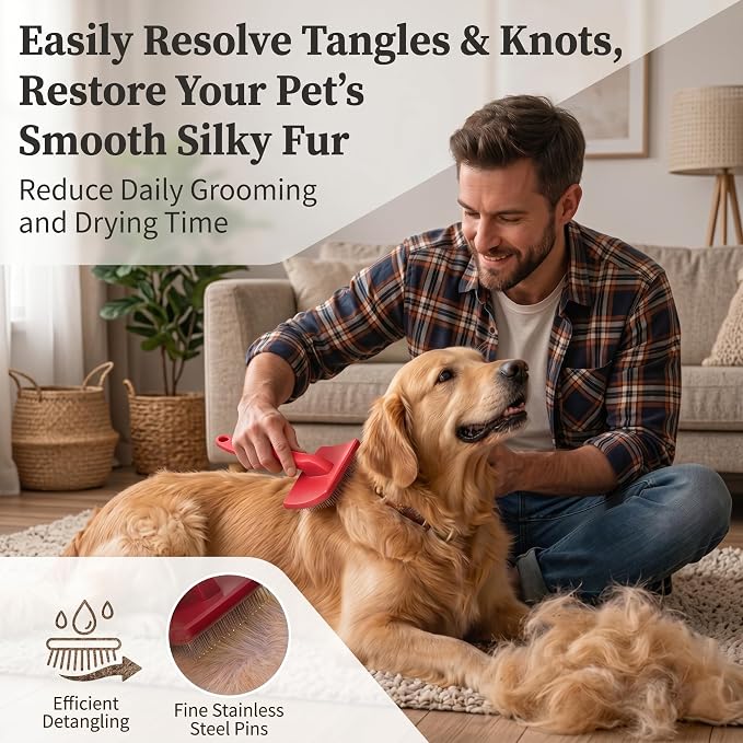 Large Slicker Brush for Dogs - 3-Piece Solid Wood Dog Grooming Kit for Doodles and Poodles - for Wavy, Curly & Matted Hair, Red