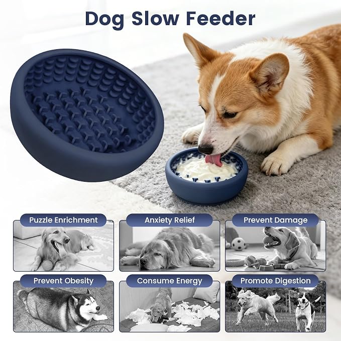 Dog Licking Bowl,Slow Feeder Dog Freeze Bowl, Anxiety Relief Treat Dispenser, Silicone Anti-chocking Pet Dish, Non-Slip Interactive Entertainment Puzzle Toy for Mediuml&Large -Dark Blue