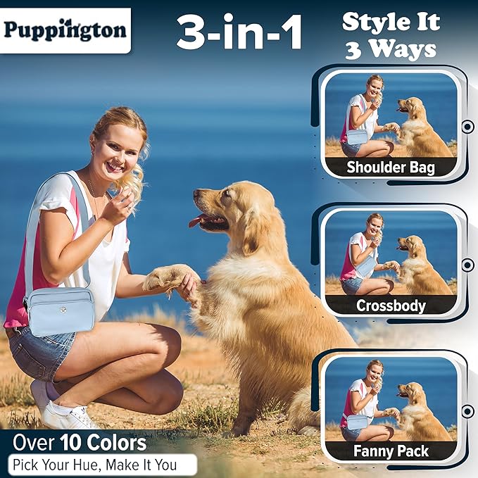 Puppington 3-in-1 Crossbody & Dog Treat Pouch for Pet Training - Matching Compostable Poop Bags, Built-In Poop Bag Dispenser & Slow-Feeding Travel Dog Bowl - Dog Walking Bag (Ice Blue)