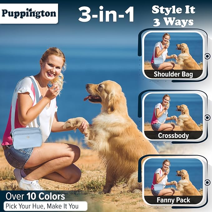 Puppington 3-in-1 Crossbody Dog Treat Pouch for Pet Training - Compostable Poop Bags, Built-In Poop Bag Dispenser, Slow-Feeding Travel Dog Bowl & Reflective Leash - Dog Walking Bag (Ice Blue)