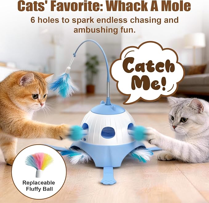 Casfuy 3-in-1 Interactive Cat Toy with Plush Tail, Whack-a-Mole & Rotating Feather Wand