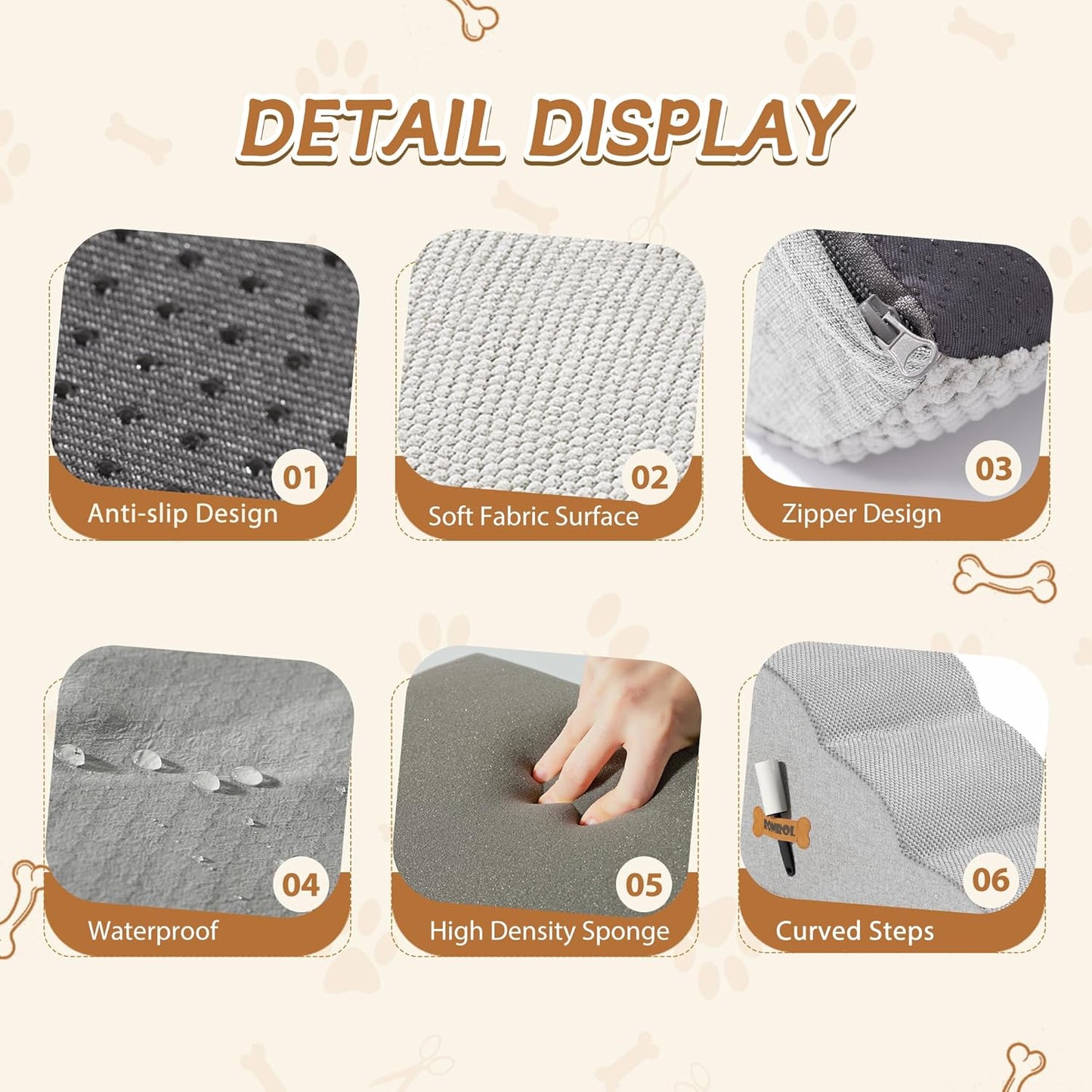 Romrol Dog Stairs Ramp for High Beds Couches, High Density Foam Pet Steps with Durable Non-Slip Waterproof Fabric Cover, Dog Stairs for Small Dogs or Cats or Pets, 3-Step,15 Inch,Light-Grey