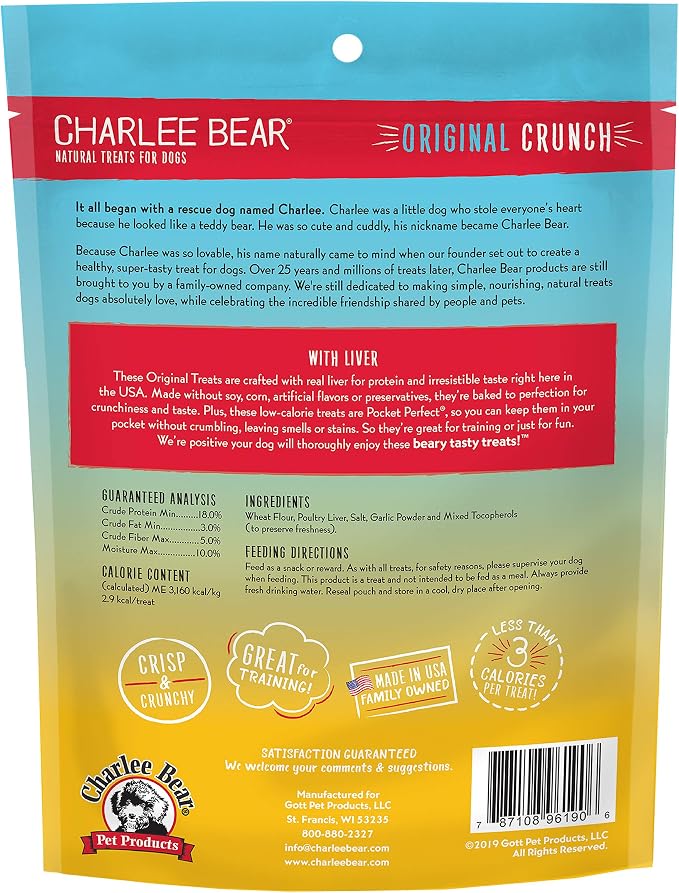 Charlee Bear Original Crunch Dog Training Treats, Liver Flavor, 3 Calories Each, Low Calorie Natural Rewards for Puppies to Adult Dogs, Made in USA, 16 oz (2-Pack)