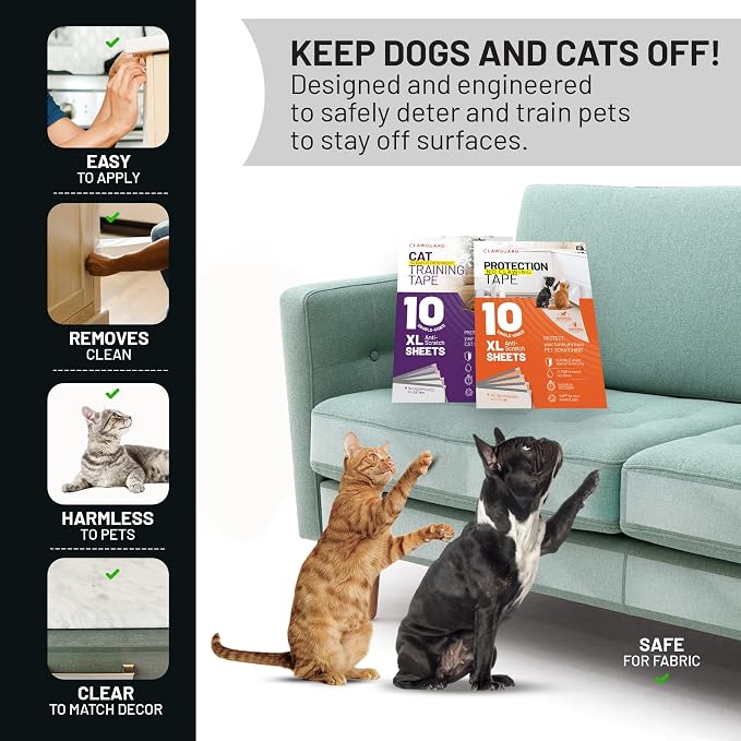 CLAWGUARD Bundle Pack – Cat Deterrent Tape & Dog Protection Tape – 20 Total Sheets (10 Double & 10 Single-Sided) – Anti Scratch Furniture Protector