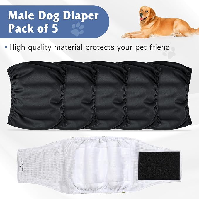 5 Pack Dog Diapers Male, High Absorbing Dog Wraps, Belly Bands for Male Dogs with Incontinence or Frequent Urination, Doggie Diapers L, Black