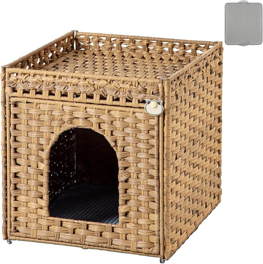 SETVSON Cat Litter Box Enclosure Furniture, Hidden Litter Box with Mat and Fence, Handwoven Rattan Cat House with Two S-Shaped Hooks for Living Room, Bedroom, 18.5 x 20.5 x 19.1 Inches (Natural)