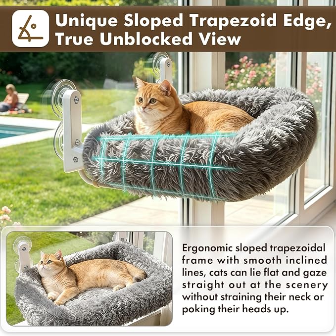 Zoratoo Cloud-Snuggle Cat Window Perch with 4-Sided Ultra-Thick & Fluffy Plush Cushion Bed, Foldable Cordless Cat Window Hammock for Window with Sturdy Metal Frame for Large Cats and Kittens (M, Gray)