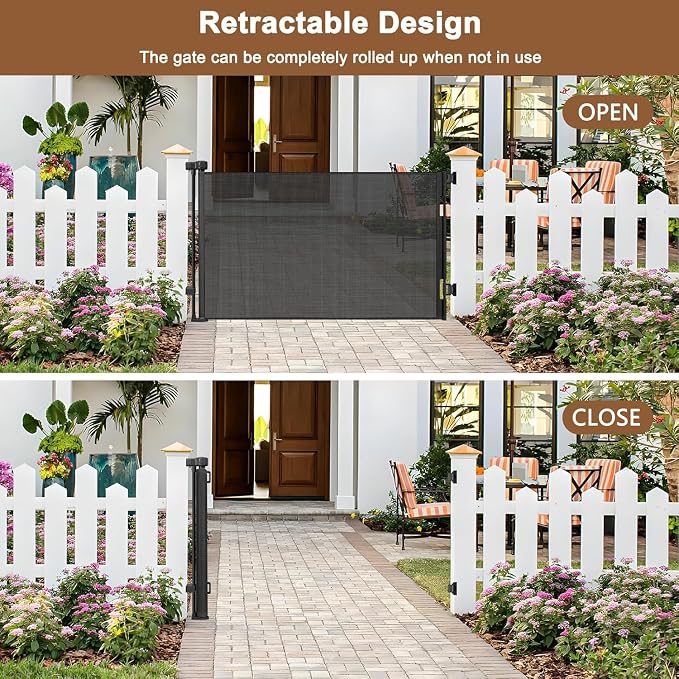 Weatherproof Outdoor Retractable Baby Gates for Decks with No Rust Screws and Rods, 72" Wide Waterproof Outdoor Baby Gate, 6 ft Scratch-Resistant Mesh Retractable Dog Gate for Parents and Pet Owners