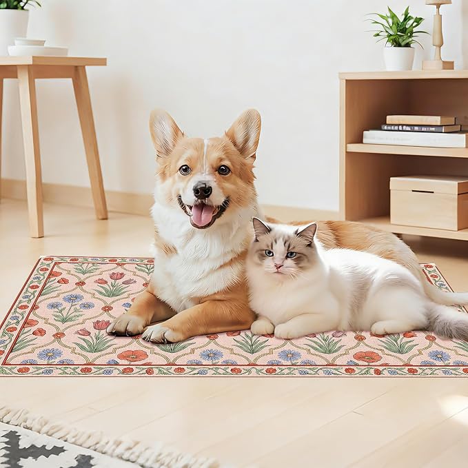 Vintage Floral Pet Feeding Mat, Absorbent Dog & Cat Food Mat for Bowl, Non-Slip Quick Dry Pet Placemat Floor Protector for Messy Drinkers(17 x 30 in)