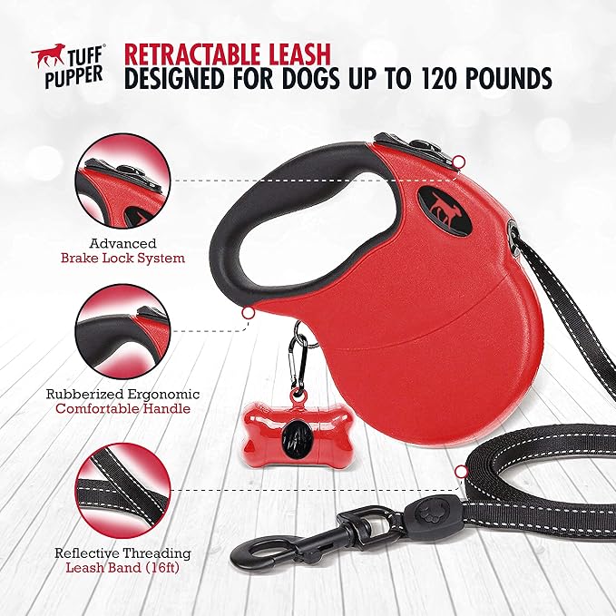 Tuff Pupper Retractable Dog Leash and 27oz Pupflask Portable Water Bottle - Red