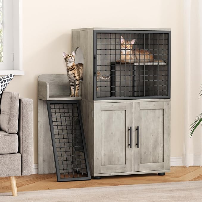 Hidden Cat Litter Box Furniture Enclosure with Climbing Ladder & Lounge Platform, Large Wooden Cat Washroom Cabinet & Indoor Cat Condo with Metal Frame, Dog Proof, 33.5" x 17.9" x 41.9", Grey