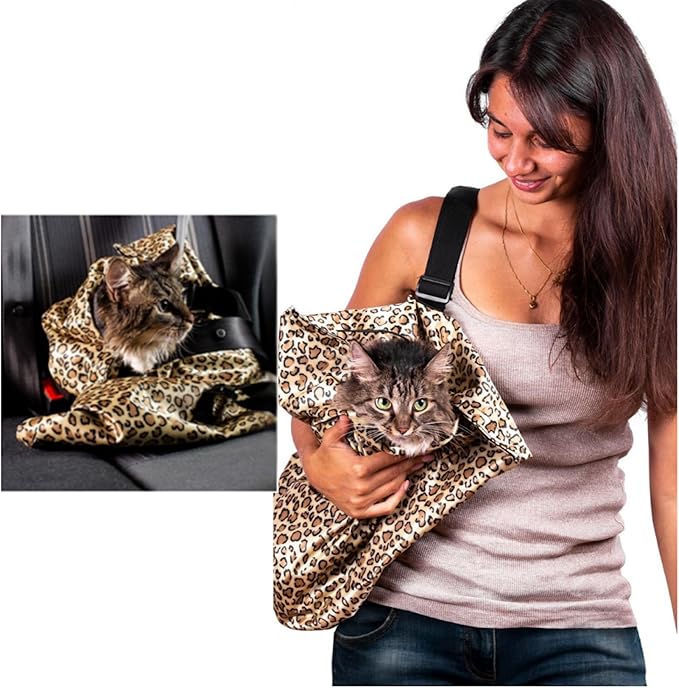 PurrFect Pouch The Original AS SEEN ON TV. The Comfy Cat Carrier Sling & Grooming Sack in One (Set of 2) Washable and Folds (Leopard)