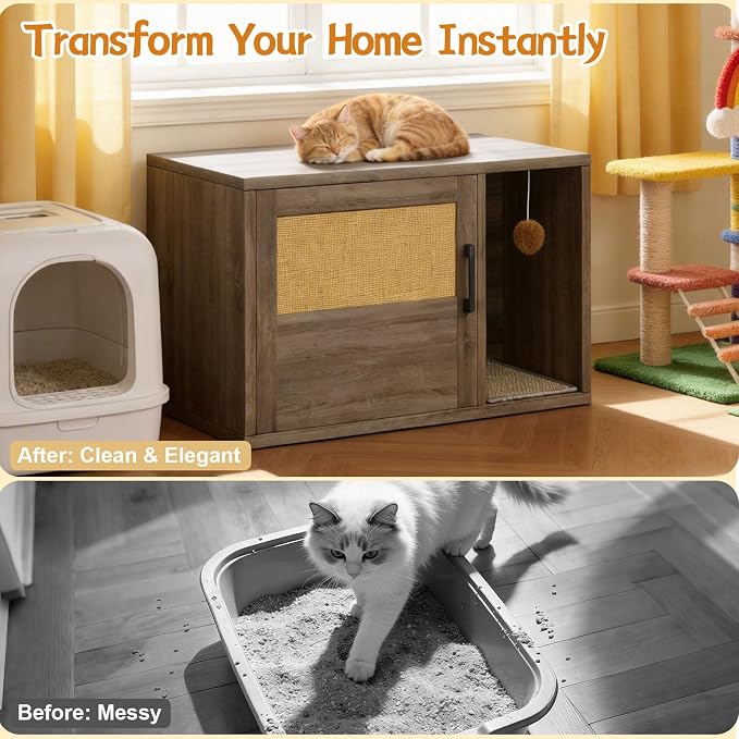 Cat Litter Box Enclosure, Hidden Litter Box Furniture with Door & Bell, Pet House Fit Most of Litter Box, Oak Gray