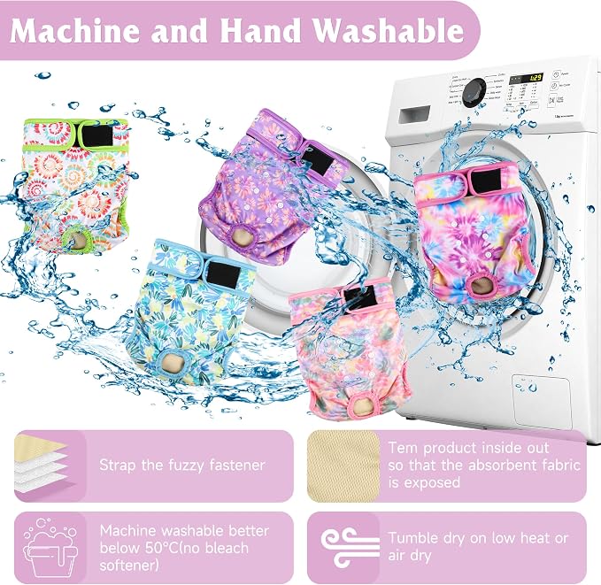 Dog Diapers Female 5pcs,Reusable Dog Doggie Puppy Doggy Diapers Female, Period Panties in Heat, Tiedye, XXLarge
