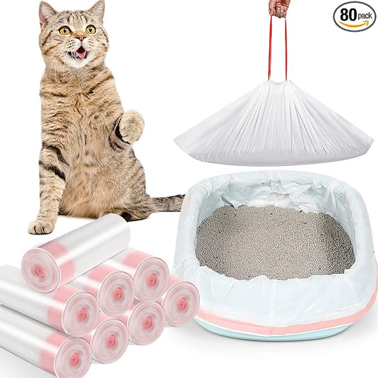 Sabary 80 Cat Litter Box Bags Jumbo Kitty Pan Liners with Drawstring Sturdy Hdpe Material for Cat Pet Waste Litter Box Tray, Pink (36 x 18 Inch)