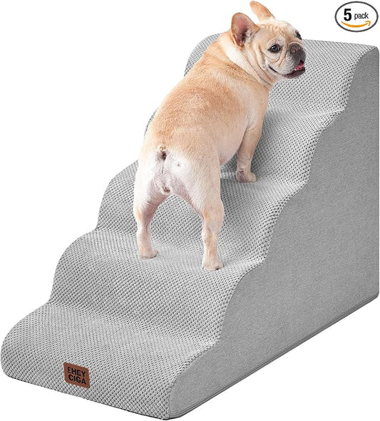 EHEYCIGA Curved Dog Stairs Ramp for High Beds, 5-Step Extra Wide Dog Steps for Small Dogs and Cats, Pet Stairs for High Bed Climbing, Non-Slip Balanced Pet Step Indoor, Light Grey