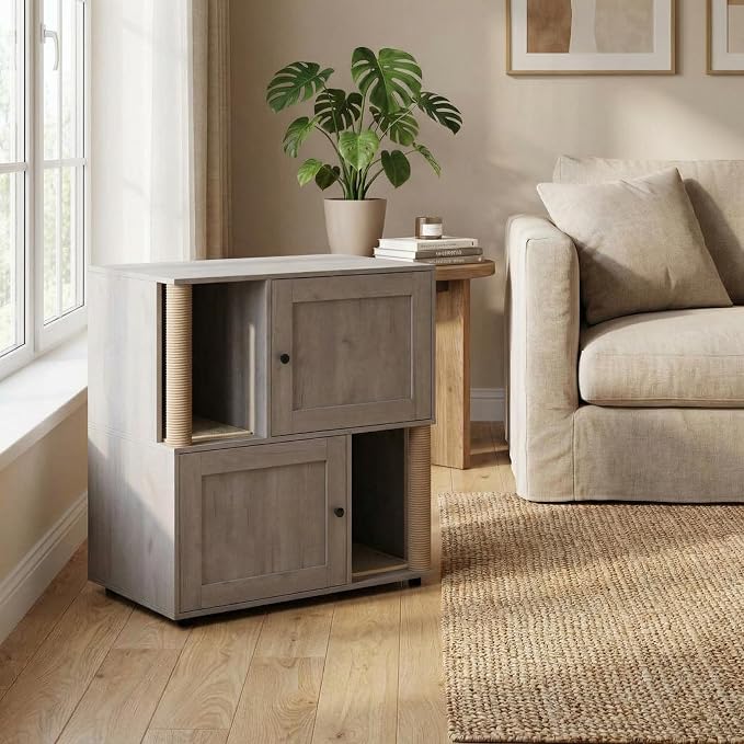 2 Tier Cat Washroom,Modern Farmhouse Double Cat Litter Box Enclosure Furniture,Hidden Cabinet with 2 Scratch Mats & Post, Multi-Functional End Side Table for 2 Cats, Odor-Control Wooden Washroom Cabin