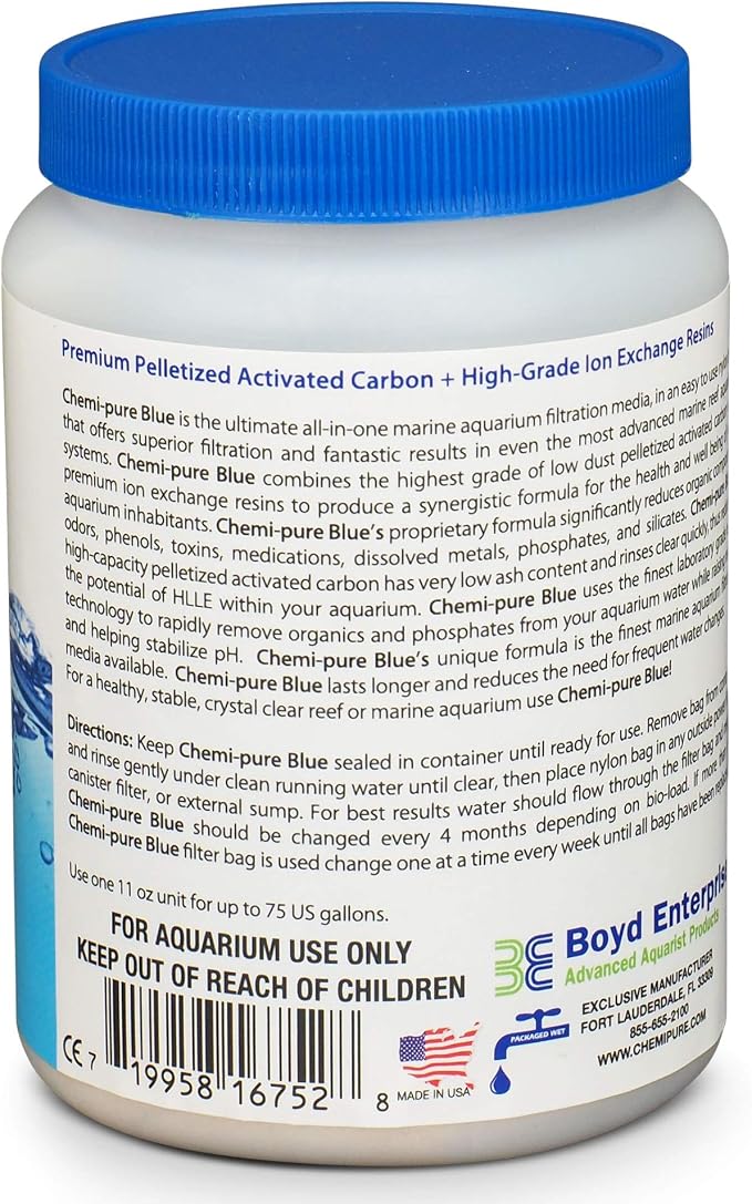 Boyd Chemi‑Pure Blue 11 oz Aquarium Filtration Media Premium Extruded Carbon + Ion‑Exchange Resins in Nylon Bag Clears Toxins, Phosphates & Metals