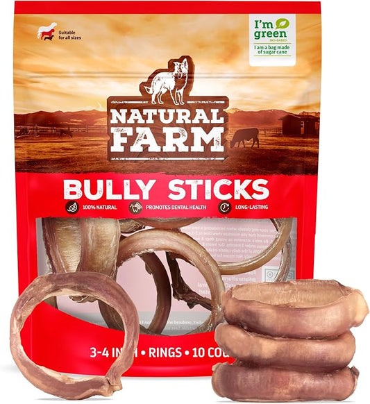 Natural Farm Odor Free Bully Sticks Ring Shaped (3-4 Inch, 10 Pack) - 100% Beef Chews for More Engagement & Fun, Grass-Fed, Non-GMO, Fully Digestible - Best for Small & Medium Chewers