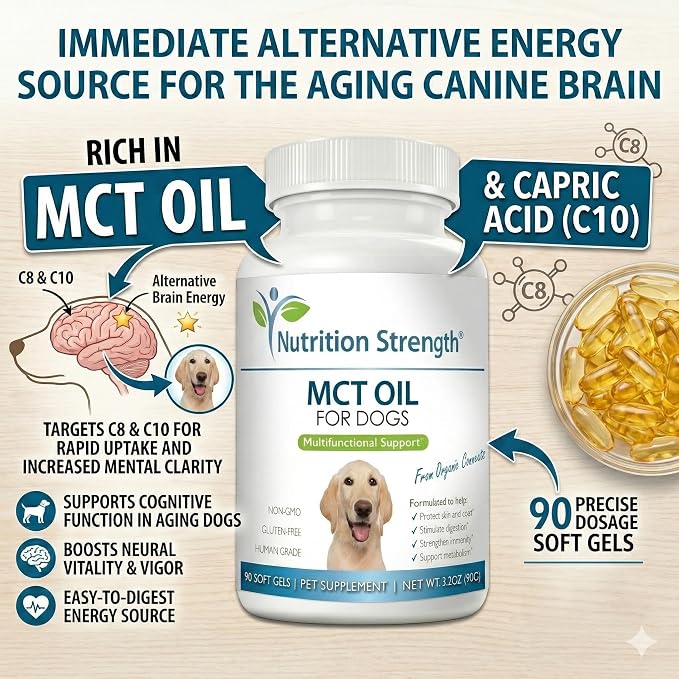 MCT Oil for Dogs from Organic Coconuts - Support Cognitive Function & Energy - Pure C8 & C10 Medium Chain Triglycerides - Boost Immunity & Senior Dog Brain Support, 90 Soft Gels