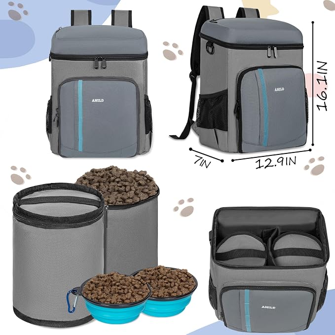 ANILD Dog Travel Bag Backpack, Flight-Ready TSA-Approved Dog Travel Bag with 2 Leak-Proof Food Canisters, 2 Foldable Silicone Bowls, Multi-Compartment Organizer for Hiking, Camping, Dog Mom Essentials