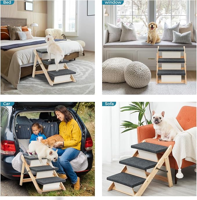 MEWANG Wood Pet Stairs & Ramp for Small/Medium Dogs and Cats, Aging Pets – 2-in-1 Foldable, Portable, Non-Slip Pet Ladder for Tall Beds, Couches,Cars–Holds Up to 220 lbs (24.8" L x 17.2" W x 19.5" H)