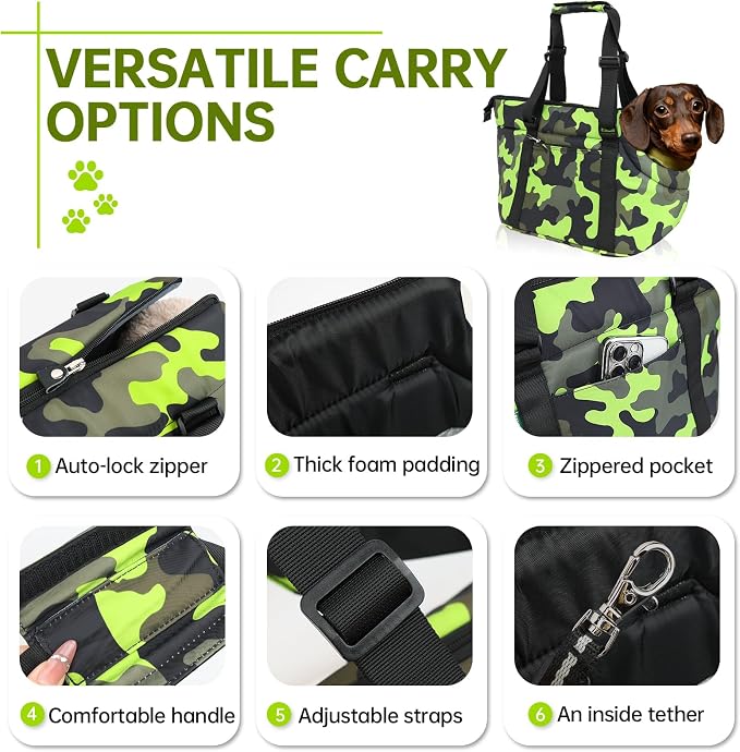 10mm Padded Tote Bag Carrier for Dog Cat Below 9 lb/4kg-Camouflage Green